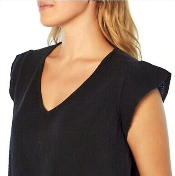 Three Dots Double Layer Gauze Short Sleeve Top Black Size Medium NWT - Picture 3 of 11